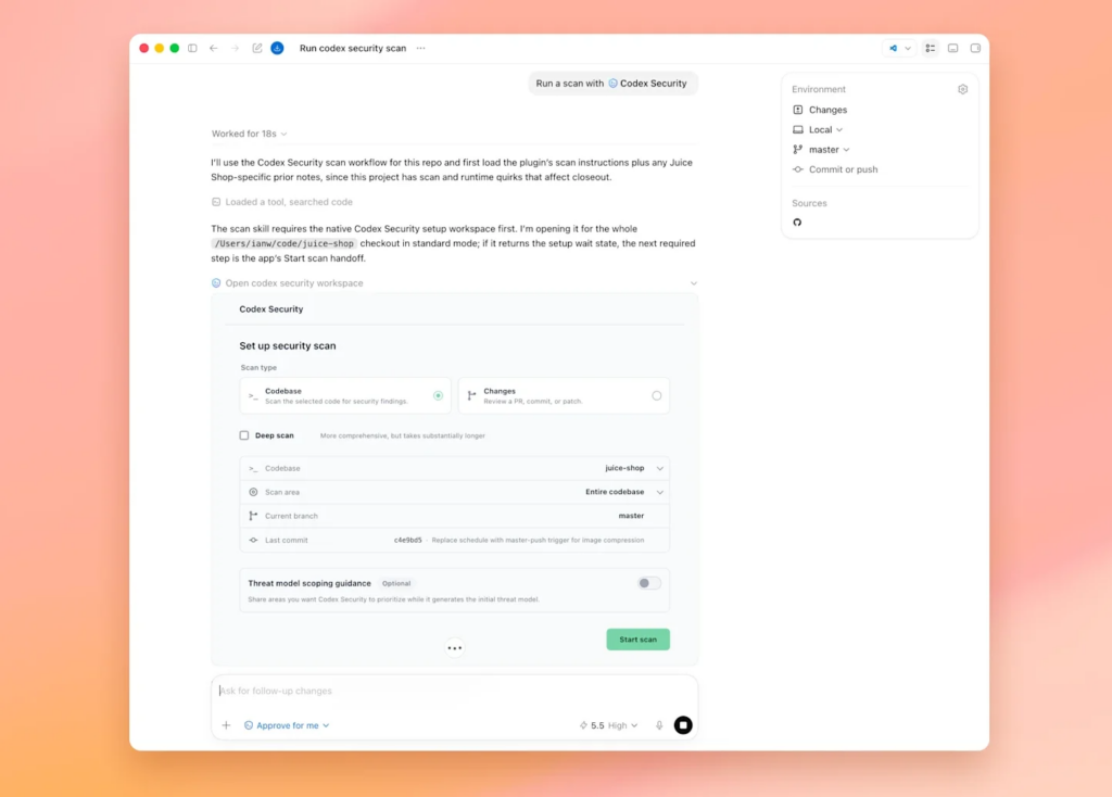 Image: A scan can be configured for an entire codebase, a specific area, or an individual commit. (Image source: OpenAI)