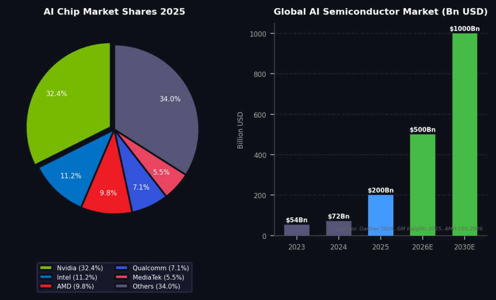 AI Chips and Architectures: Who Will Dethrone Nvidia? 1 Figure 1: AI chip market shares of leading vendors in 2025 (left) and growth of the global AI semiconductor market in billion USD (right).
(Sources: Gartner 2026, GM Insights 2025, AMD CES 2026)