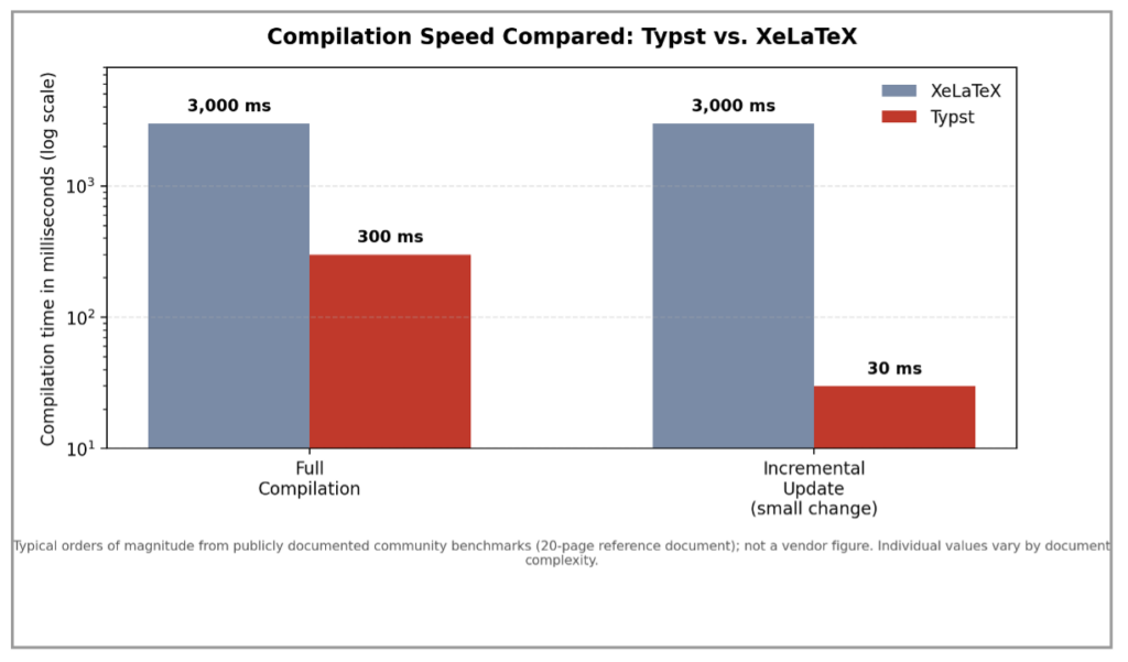Image 1: Compilation times compared (schematic orders of magnitude, log scale). Typst reduces incremental updates in particular to values in the low double-digit millisecond range, while XeLaTeX always recomputes fully. (Source: it-daily.net / based on public community benchmarks.)